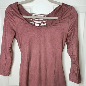 Women’s A+ ELLEN FAUX‎ SUEDE 3/4 SLEEVE DRESS KEYHOLE BACK/LACE UP SIZE SMALL
